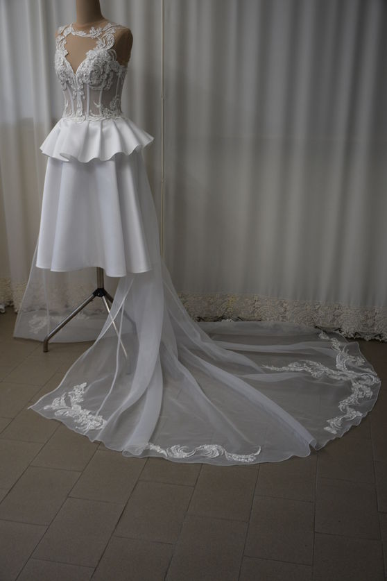 sposa mikado corpino pizzo applicazione coda organza applicazioni removibile Foto 1